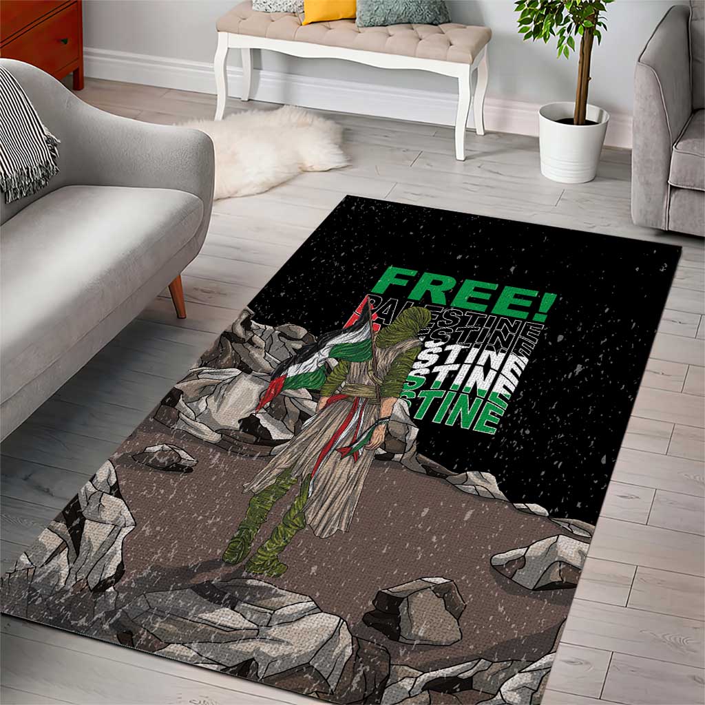 Black area rug with eagle artwork and neon green 'FREE' text, angled view
