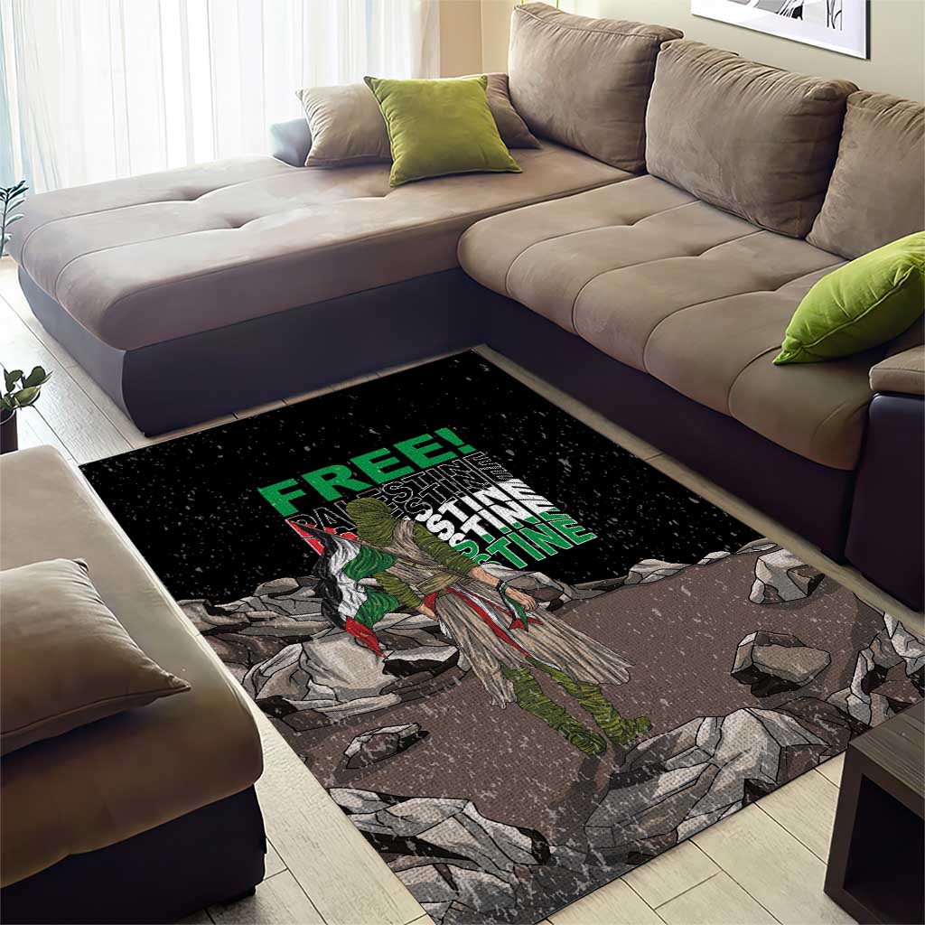 Black area rug with eagle design and neon green 'FREE' text, centered on floor
