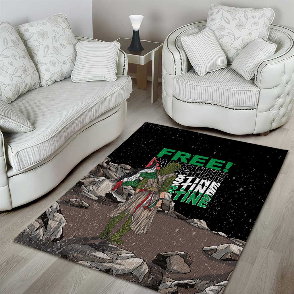 Black area rug featuring eagle graphic and neon green 'FREE' stacked lettering