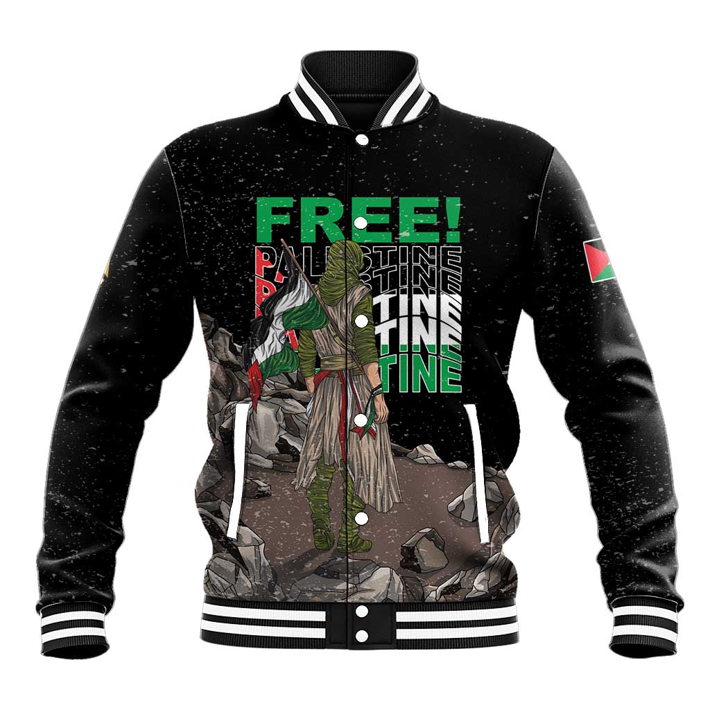 Black unisex baseball jacket with striped collar and multicolor front graphic