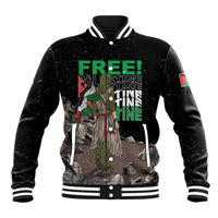 Black unisex baseball jacket with striped collar and multicolor front graphic
