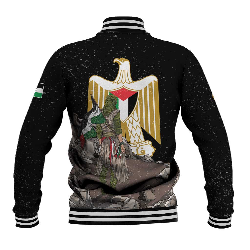 Black unisex baseball jacket with striped collar and gold eagle back graphic
