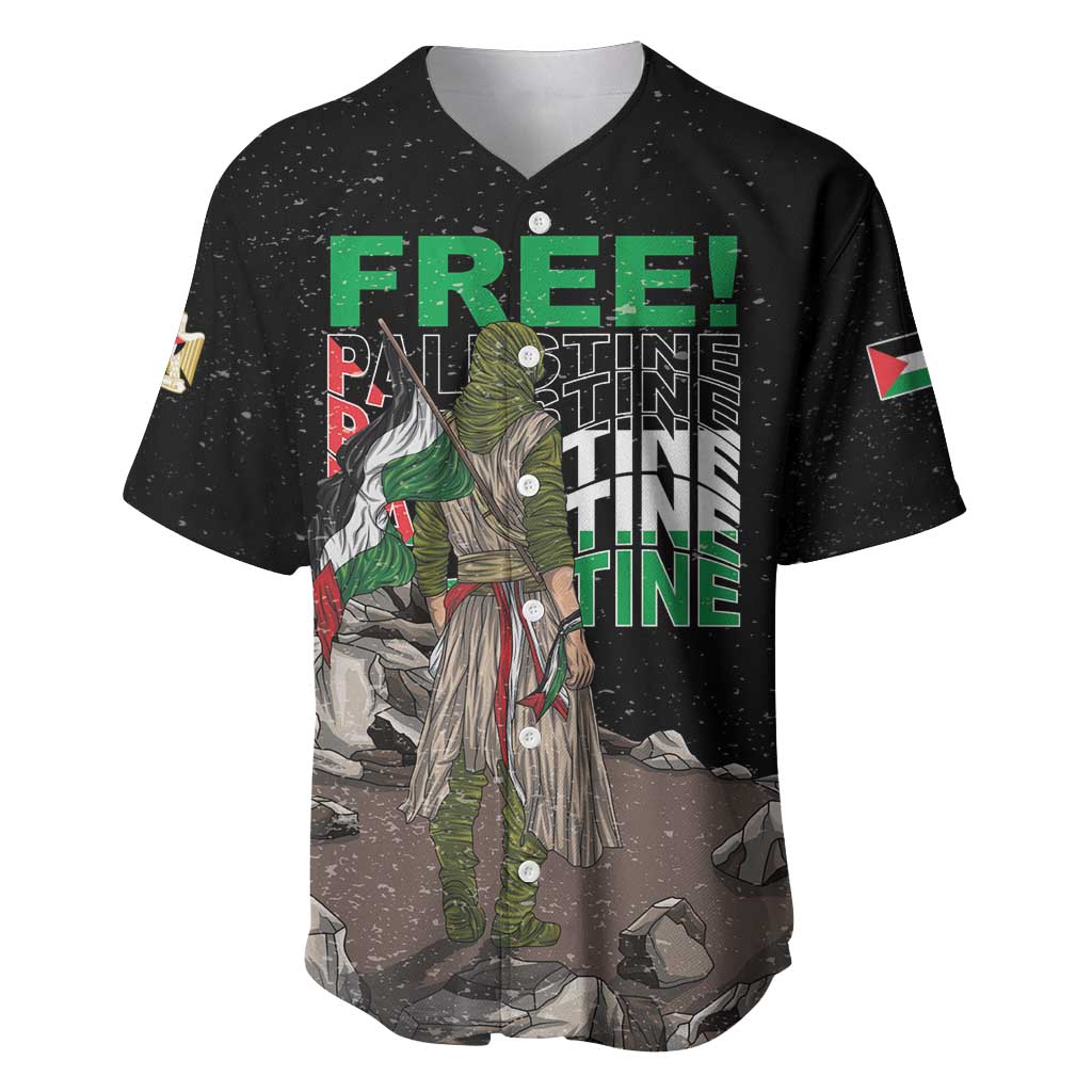 Black baseball jersey with front 'FREE! PALESTINE' lettering and soldier graphic