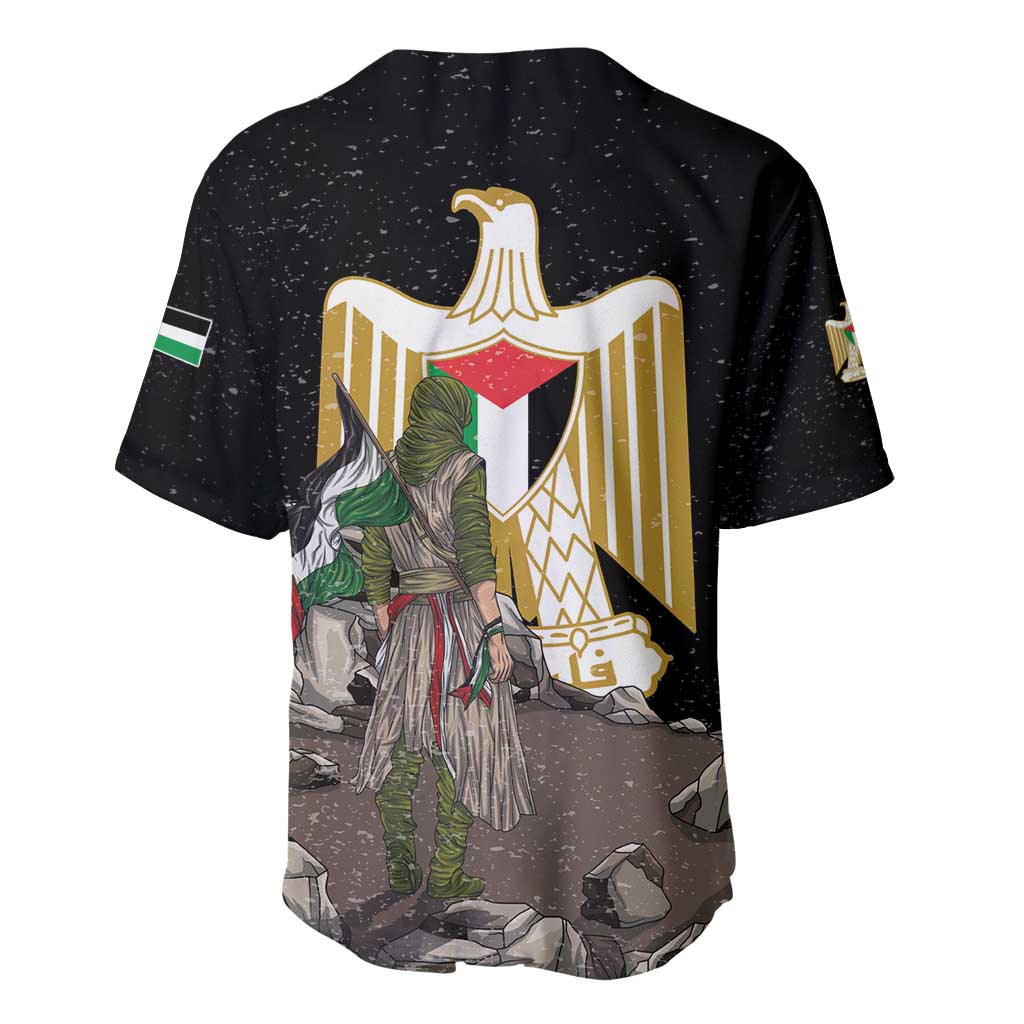 Black baseball jersey back with gold eagle emblem and soldier holding flag graphic