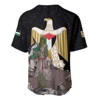 Black baseball jersey back with gold eagle emblem and soldier holding flag graphic