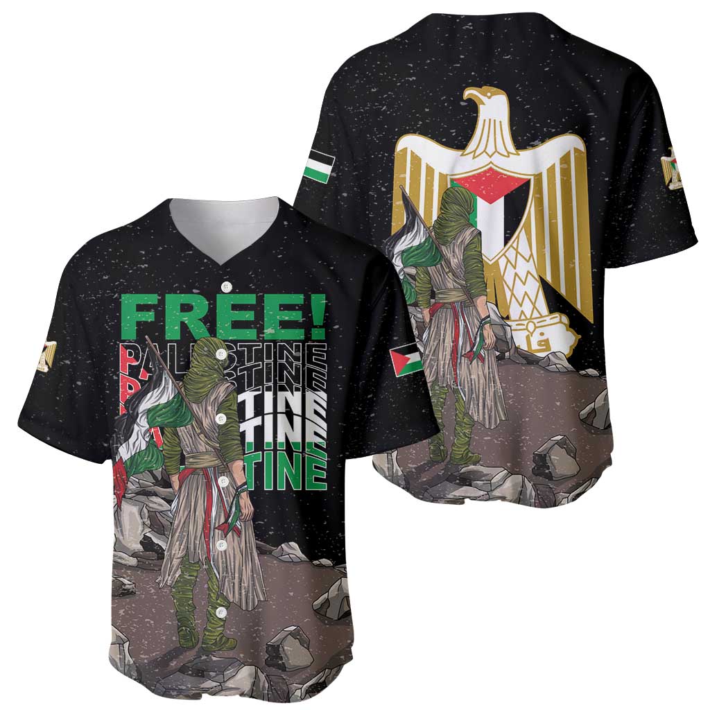 Black baseball jersey set: front 'FREE! PALESTINE' text, soldier illustration; back eagle emblem