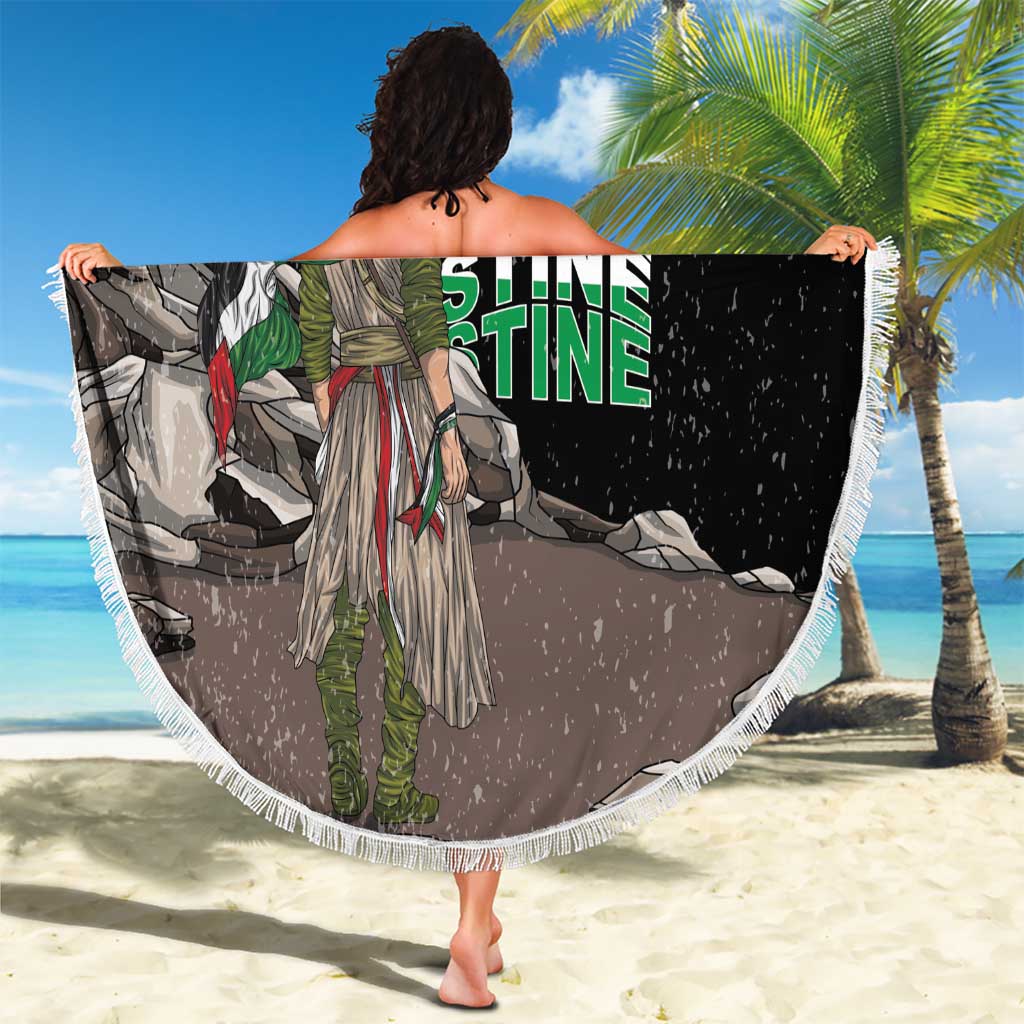 Black round beach blanket with white fringe, warrior illustration with bold green letters
