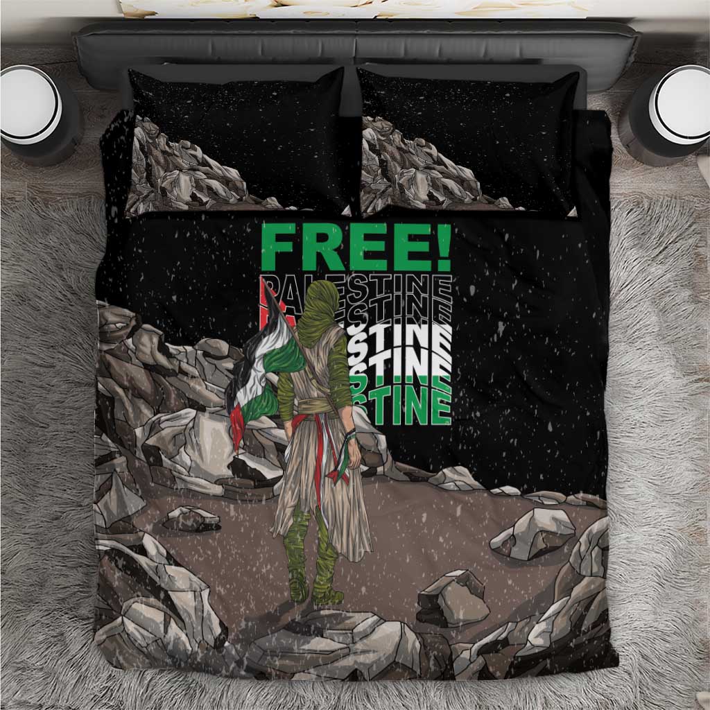 Black bedding set with duvet and two pillowcases, featuring large “FREE!” themed graphic