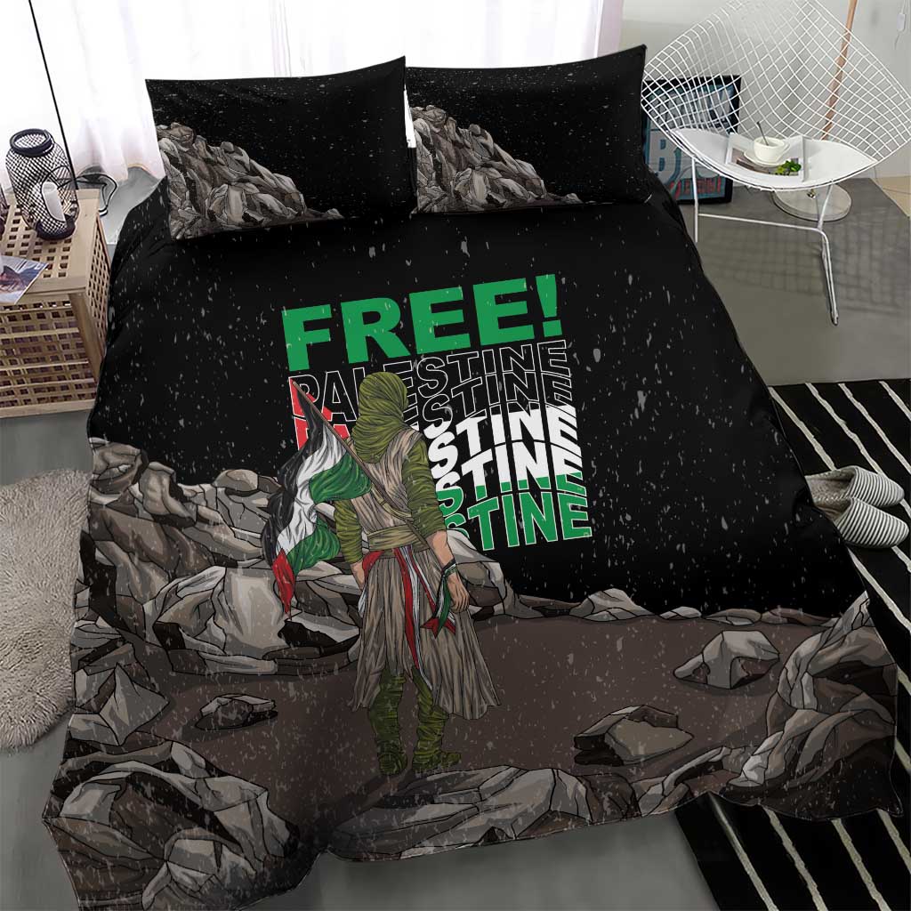 Black bedding set with duvet and two pillowcases, bold “FREE!” text over rocky landscape