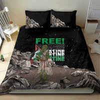 Black bedding set with duvet and two pillowcases, front “FREE!” graphic and character print