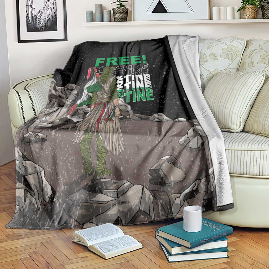 Black throw blanket with green 'FREE' text and detailed protest graphic, draped
