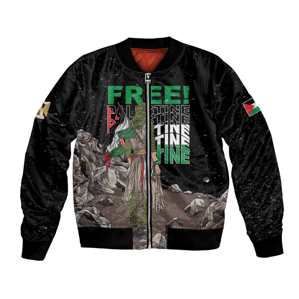 Black unisex bomber jacket with front zipper and colorful Palestinian-themed graphic print