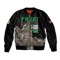 Black unisex bomber jacket with front zipper and colorful Palestinian-themed graphic print