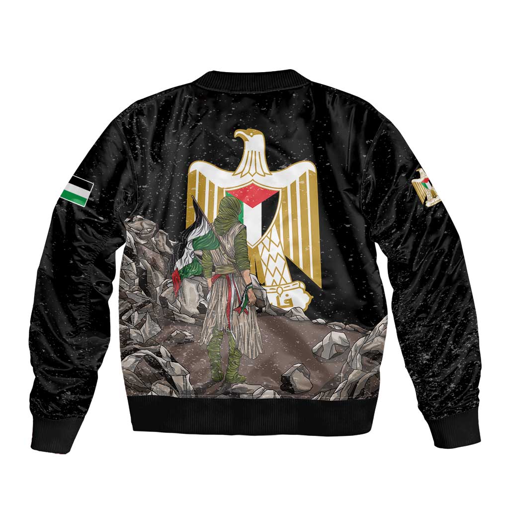 Black unisex bomber jacket with back eagle graphic and Palestinian-themed scene print