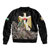 Black unisex bomber jacket with back eagle graphic and Palestinian-themed scene print