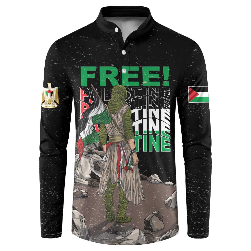 Black button sweatshirt with front graphic of “FREE!” and figure amid rocks