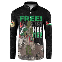 Black button sweatshirt with front graphic of “FREE!” and figure amid rocks