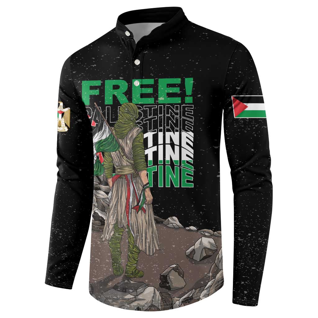 Black button sweatshirt with “FREE!” front text, figure graphic, and green/red stripe