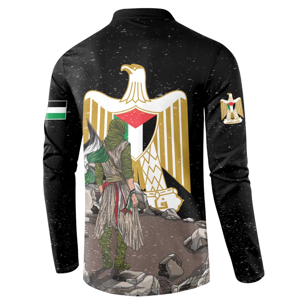 Black button sweatshirt back with gold eagle emblem, figure, and Palestinian flag accents