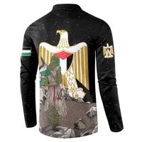 Black button sweatshirt back with gold eagle emblem, figure, and Palestinian flag accents