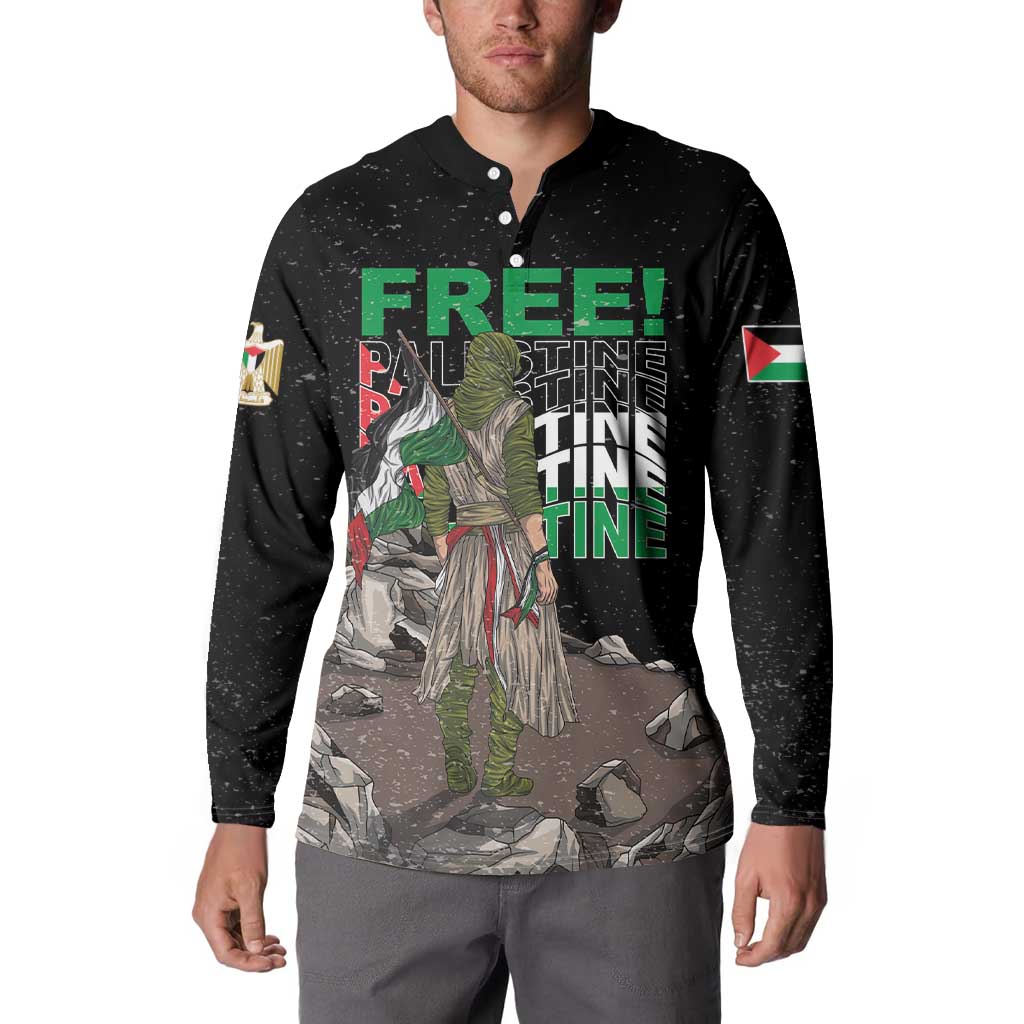 Black button sweatshirt front view with “FREE!” text and large figure graphic