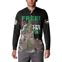 Black button sweatshirt front view with “FREE!” text and large figure graphic