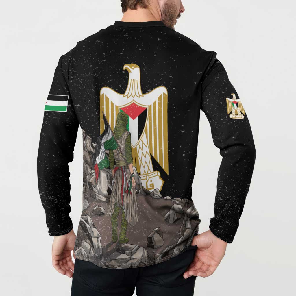 Black button sweatshirt back view with gold eagle emblem and figure artwork