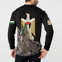 Black button sweatshirt back view with gold eagle emblem and figure artwork