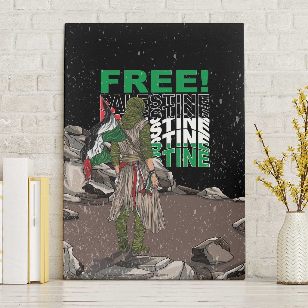 Framed black canvas wall art with a green "FREE!" headline and standing warrior