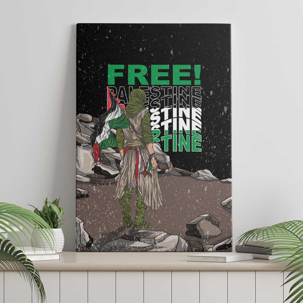 Framed black canvas wall art featuring green "FREE!" text and warrior amid rubble