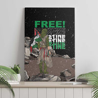 Framed black canvas wall art featuring green "FREE!" text and warrior amid rubble