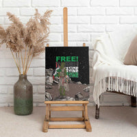 Black canvas wall art on an easel showing green "FREE!" over a warrior amid rubble