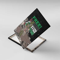 Framed canvas print angled view with green "FREE!" and warrior in rocky ruins