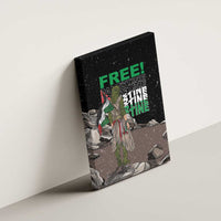 Framed black canvas wall art with green "FREE!" text and full-length warrior