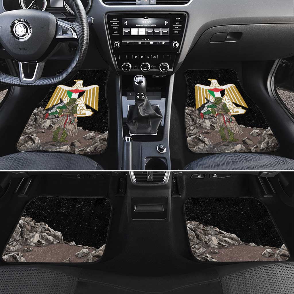 Black car floor mats with Eagle of Saladin emblem graphic and rock pattern, front row