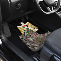 Black car floor mat with Eagle of Saladin emblem and rock pattern, driver-side footwell