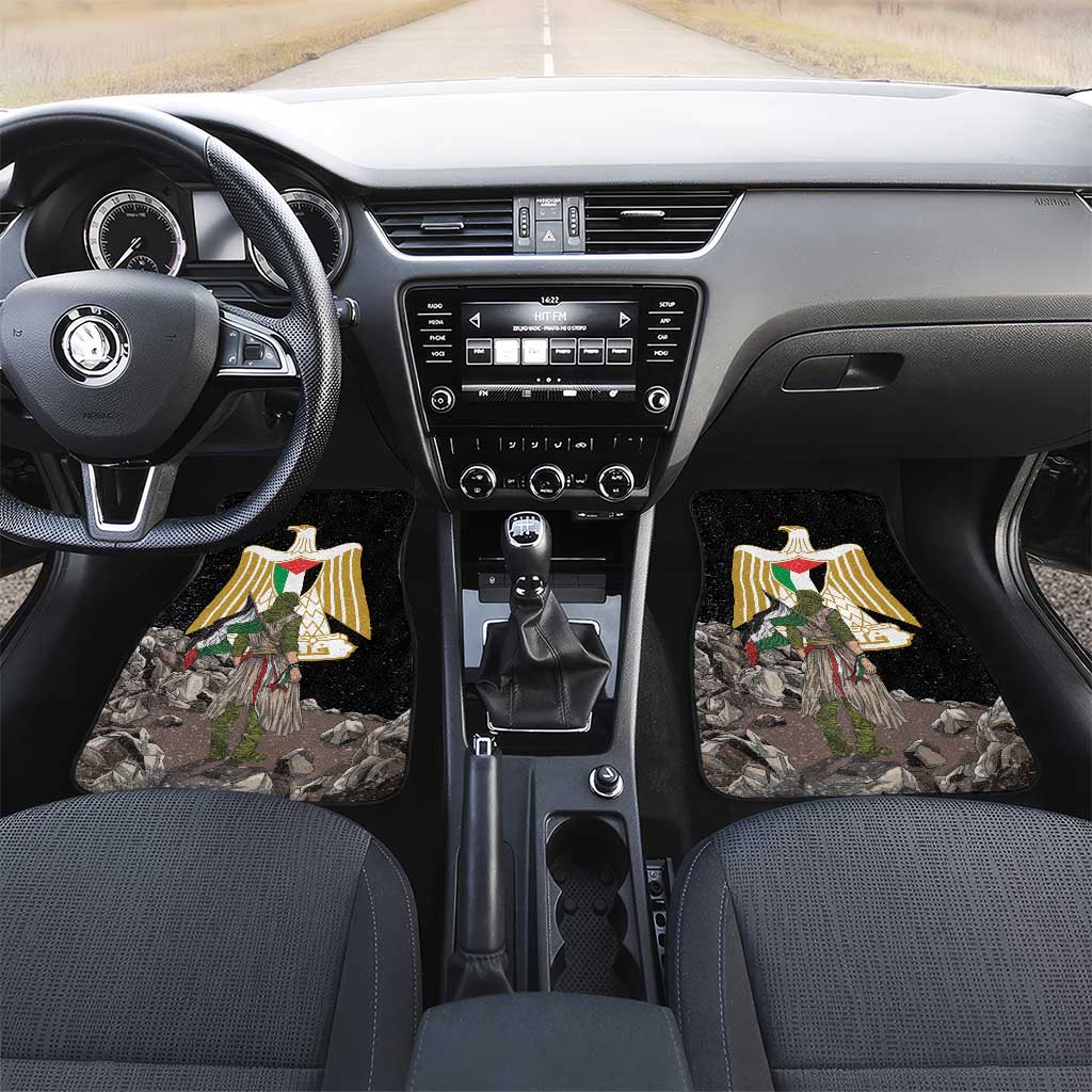 Black car floor mats with Eagle of Saladin emblem and rock pattern, front seats installed