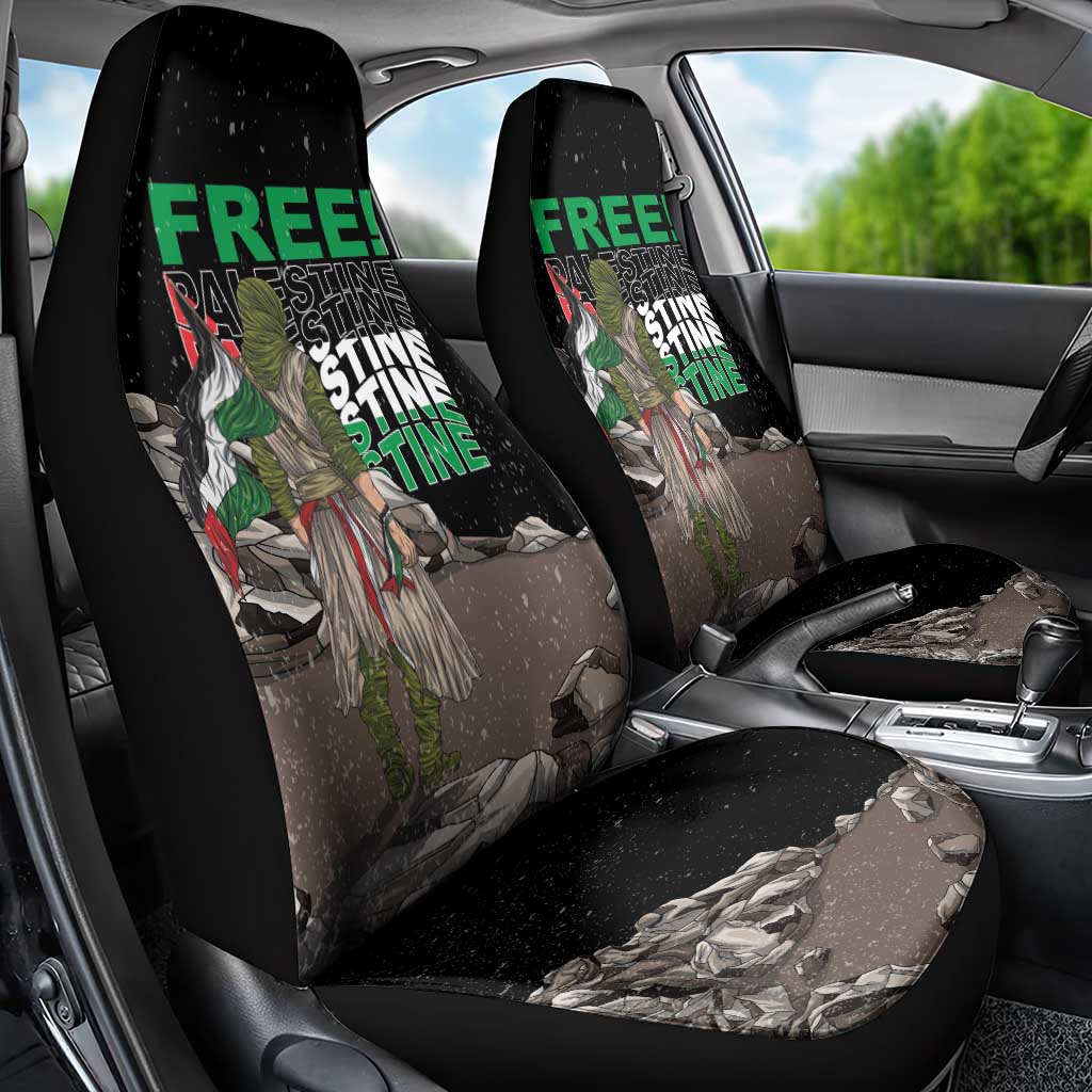 Black car seat covers with 'FREE!' text and eagle camouflage graphic, front row