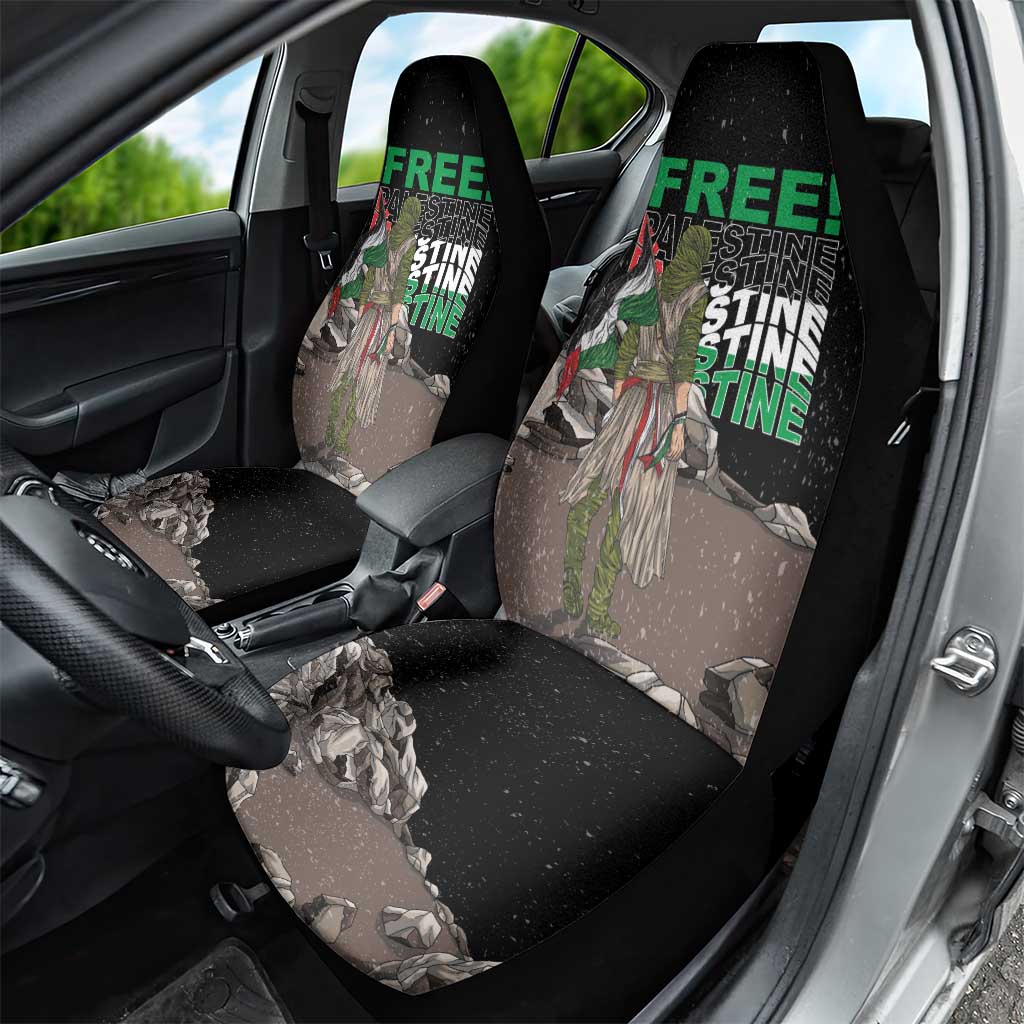 Black car seat covers featuring 'FREE!' eagle camouflage print in rear seat view