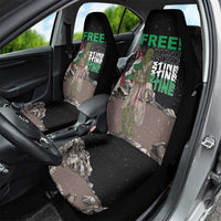 Black car seat covers featuring 'FREE!' eagle camouflage print in rear seat view