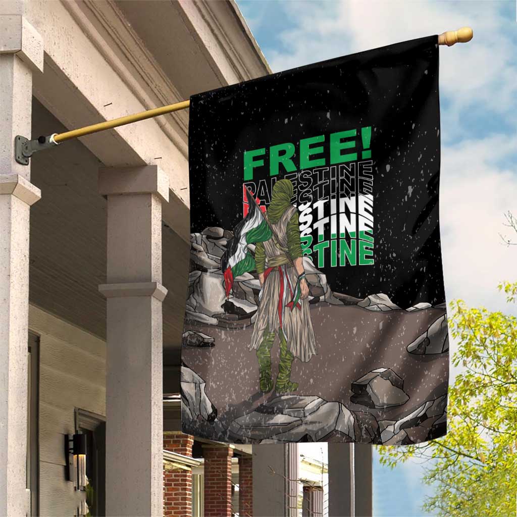 Black garden flag on pole with 'FREE!' and 'PALESTINE' text over illustrated ruins scene