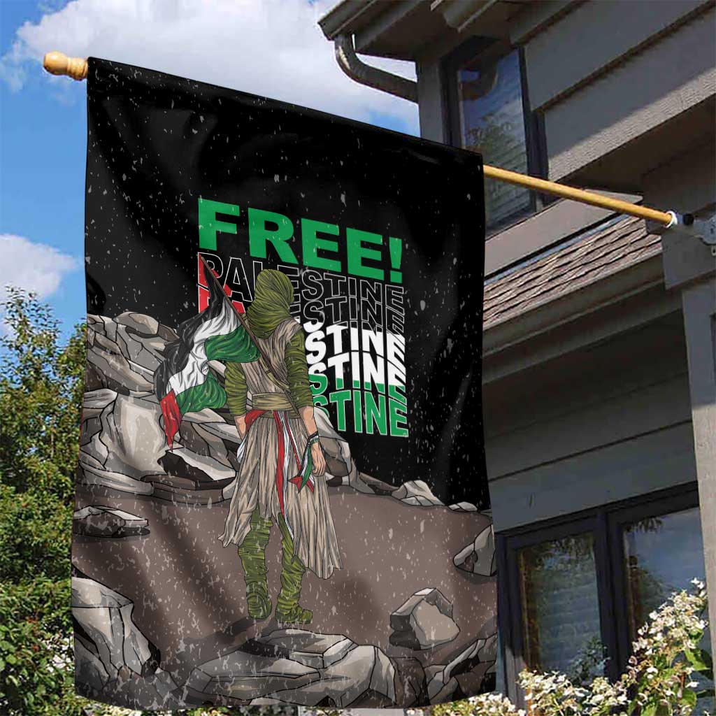 Black garden flag on pole with 'FREE!' and 'PALESTINE' text over illustrated ruins scene