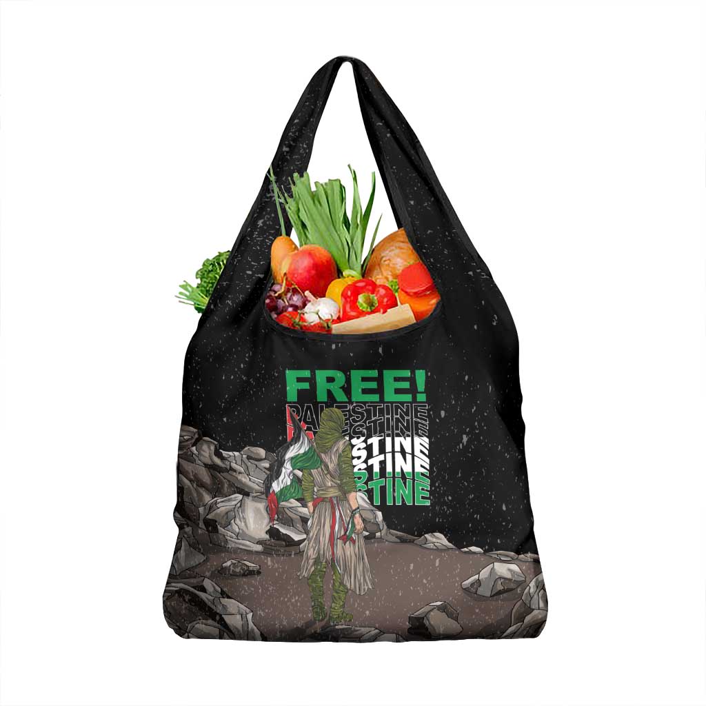 Black grocery tote bag with top handles and multicolor protest produce graphic print
