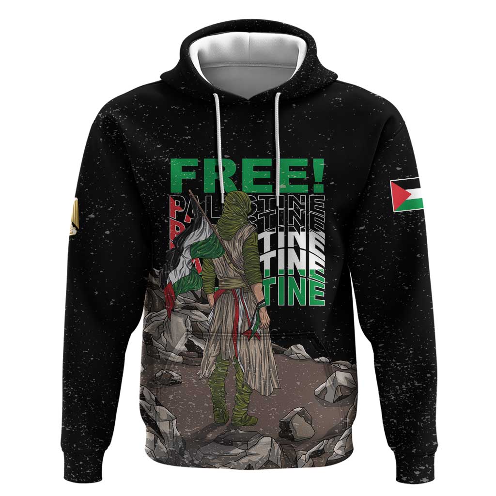 Black pullover hoodie with white drawstrings and large front graphic with “FREE!” text