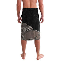 Black knee-length shorts with camo-style gray scene print, front view