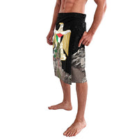 Black knee-length shorts with central eagle shield artwork, side view