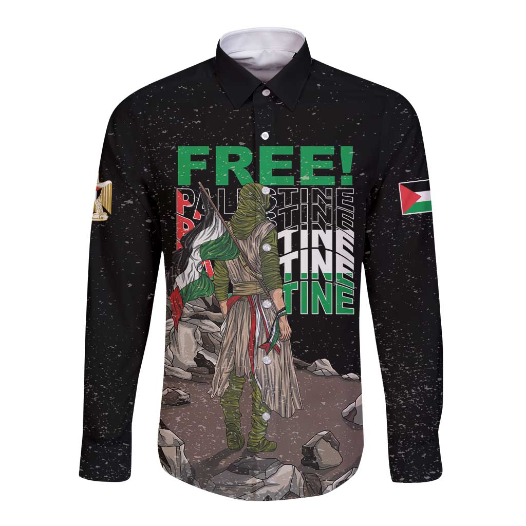 Black long-sleeve button shirt with front 'FREE!' text, tall figure graphic, and flag patch