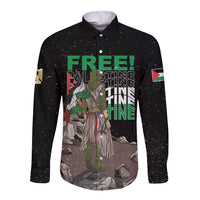 Black long-sleeve button shirt with front 'FREE!' text, tall figure graphic, and flag patch