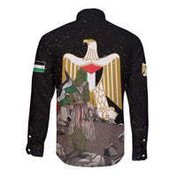 Black long-sleeve button shirt with large back eagle graphic and flag patches