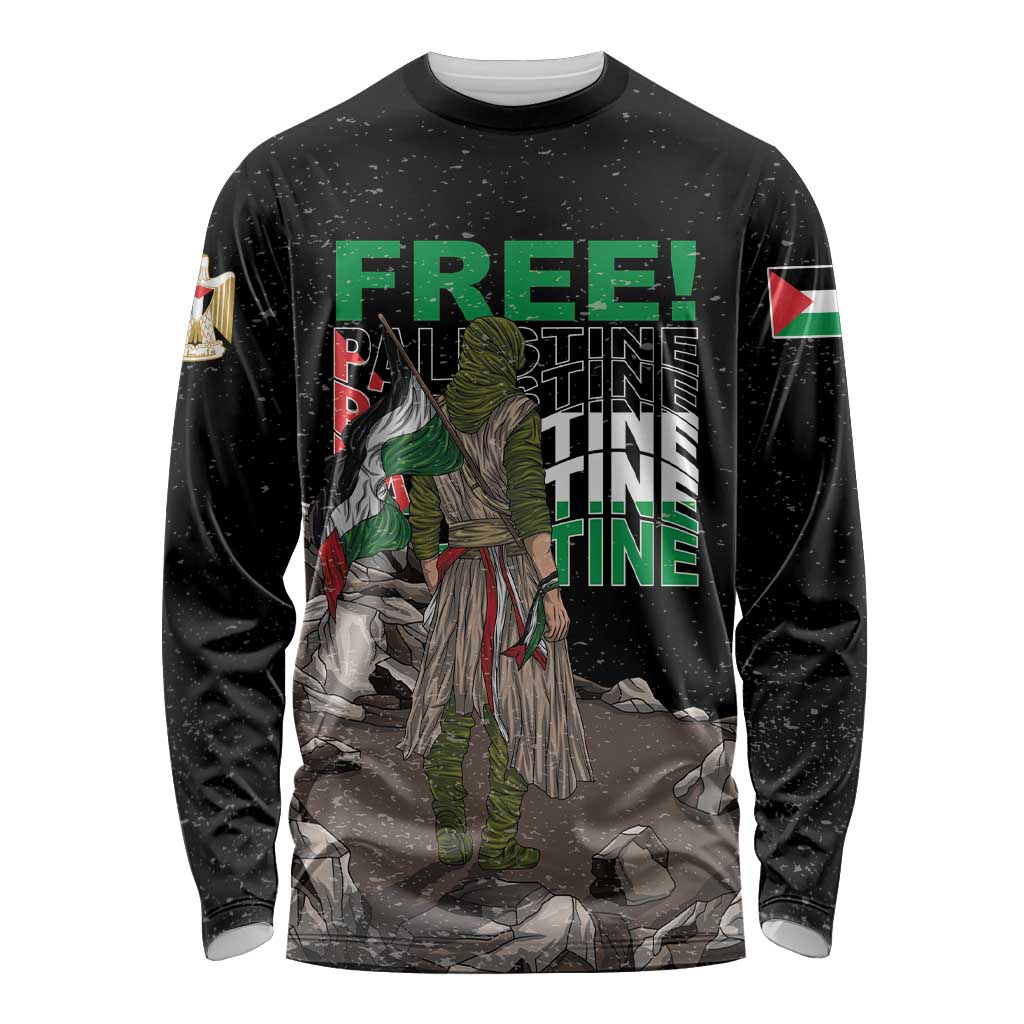 Black unisex long-sleeve shirt with large green and gray eagle warrior graphic front